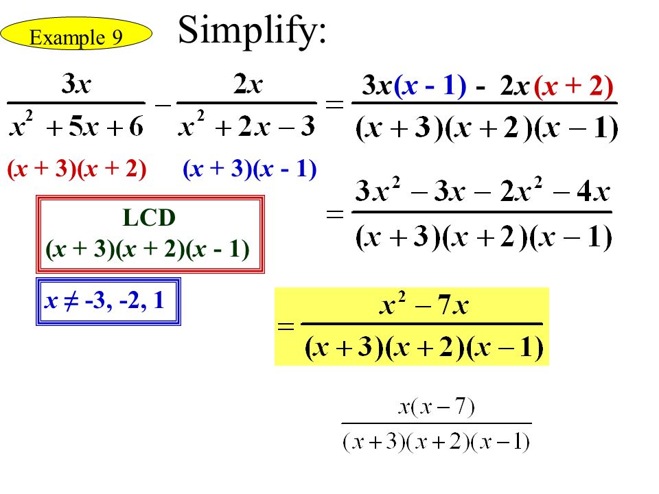 (x + 3)(x + 2)(x + 3)(x - 1) LCD (x + 3)(x + 2)(x - 1) 3x3x x ≠ -3, -2, 1 - 2x (x - 1) (x + 2) Simplify: Example 9
