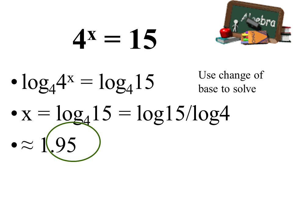 8 6 Solving Exponential And Logarithmic Equations P 501 How Do 6 4 X 15 Log Log15 Log4 1 95 Use Change Of Base To Solve