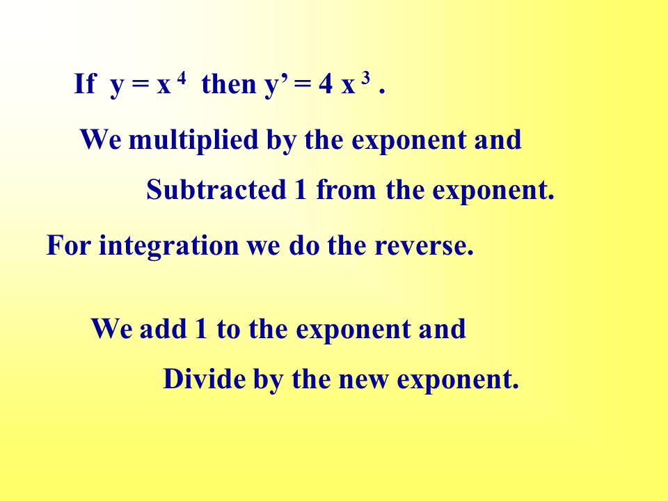 If y = x 4 then y’ = 4 x 3. Subtracted 1 from the exponent.