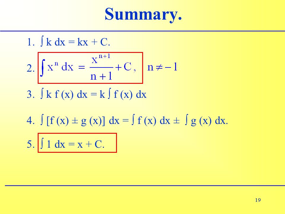 19 Summary ∫ k dx = kx + C. 5. ∫ 1 dx = x + C.