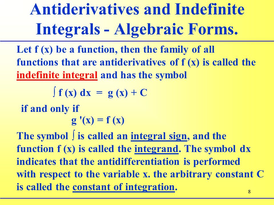 88 Antiderivatives and Indefinite Integrals - Algebraic Forms.