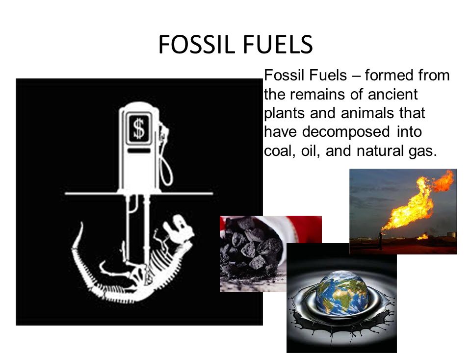FOSSIL FUELS Fossil Fuels – formed from the remains of ancient plants and animals that have decomposed into coal, oil, and natural gas.