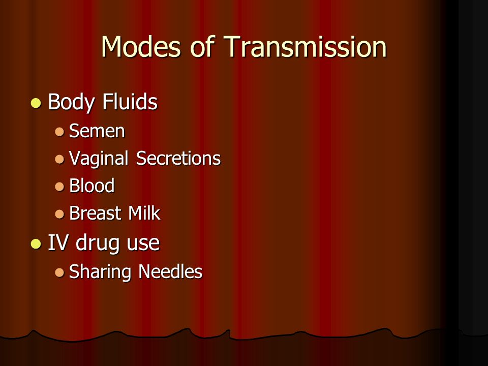 Modes of Transmission Body Fluids Body Fluids Semen Semen Vaginal Secretions Vaginal Secretions Blood Blood Breast Milk Breast Milk IV drug use IV drug use Sharing Needles Sharing Needles