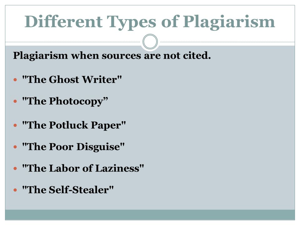 Different Types of Plagiarism Plagiarism when sources are not cited.