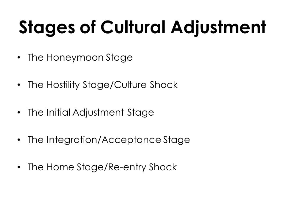 Stages of Cultural Adjustment The Honeymoon Stage The Hostility Stage/Culture Shock The Initial Adjustment Stage The Integration/Acceptance Stage The Home Stage/Re-entry Shock