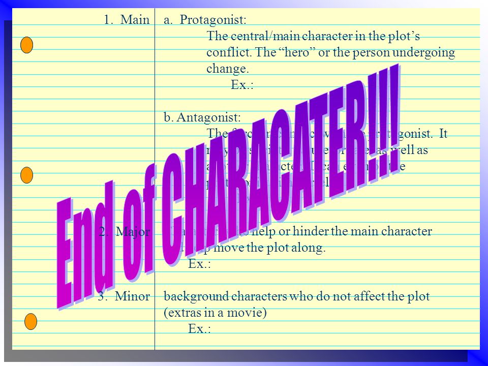 a. Protagonist: The central/main character in the plot’s conflict.