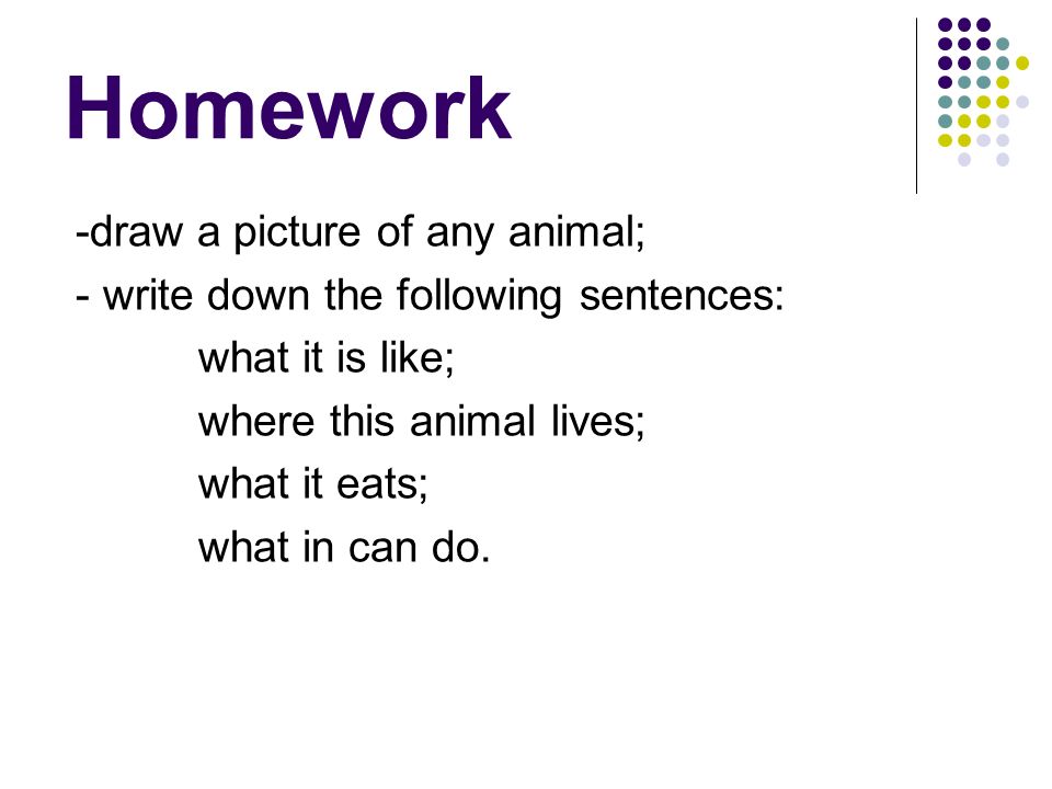 Homework -draw a picture of any animal; - write down the following sentences: what it is like; where this animal lives; what it eats; what in can do.