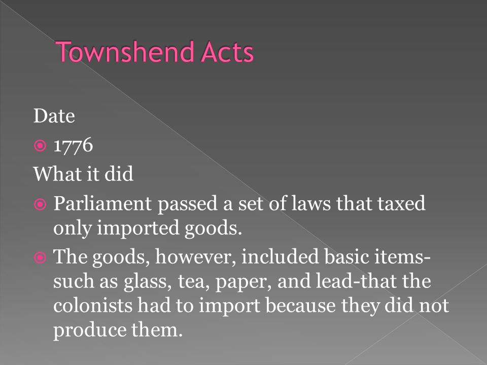 Date  1776 What it did  Parliament passed a set of laws that taxed only imported goods.