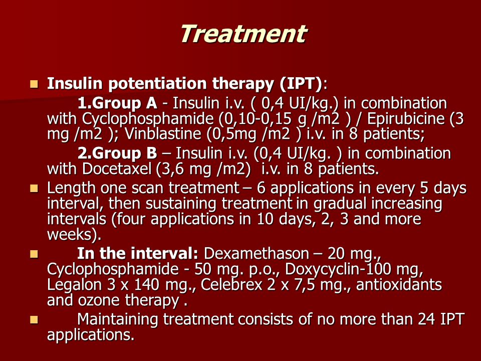 Treatment Insulin potentiation therapy (IPT): Insulin potentiation therapy (IPT): 1.Group A - Insulin i.v.