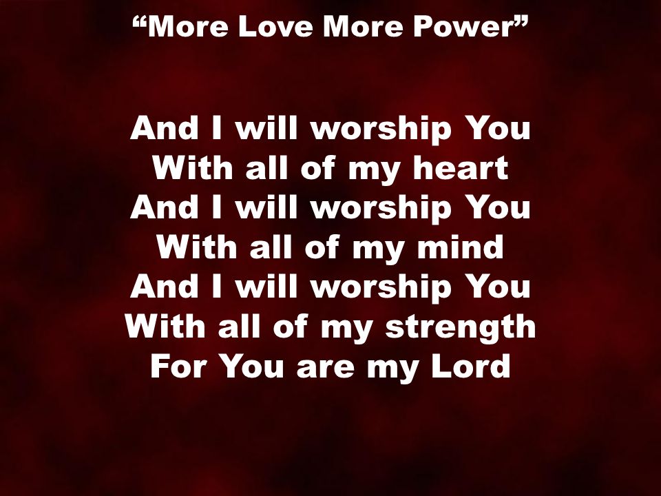 And I will worship You With all of my heart And I will worship You With all of my mind And I will worship You With all of my strength For You are my Lord More Love More Power