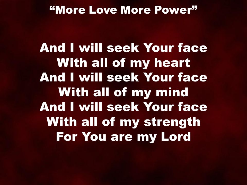 And I will seek Your face With all of my heart And I will seek Your face With all of my mind And I will seek Your face With all of my strength For You are my Lord More Love More Power