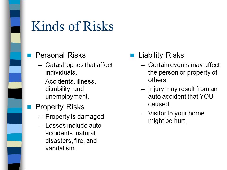 Kinds of Risks Personal Risks –Catastrophes that affect individuals.