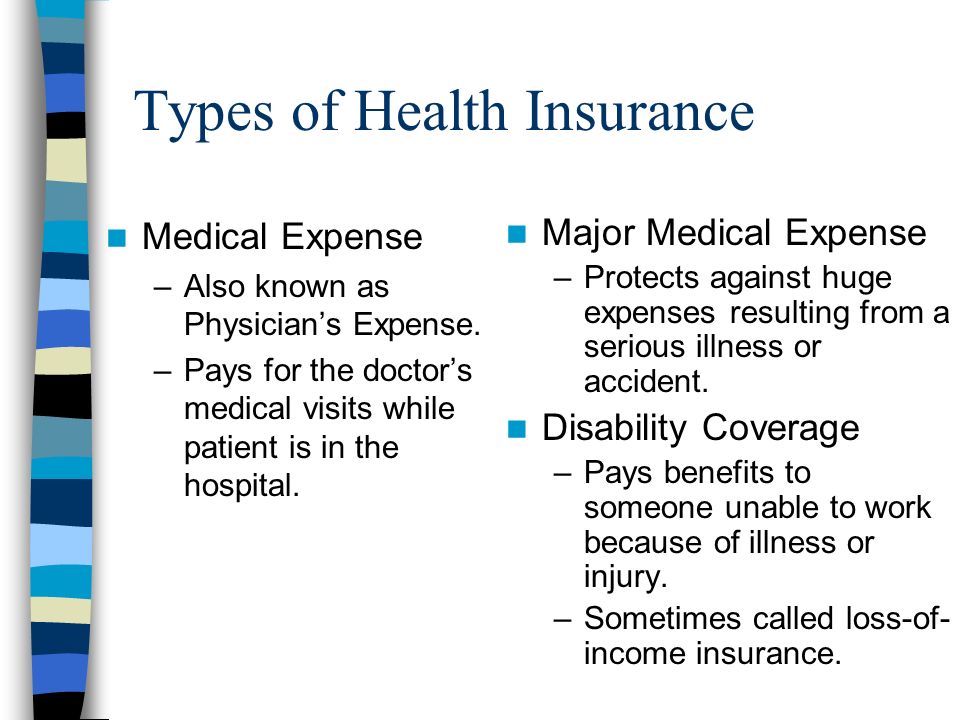 Types of Health Insurance Medical Expense –Also known as Physician’s Expense.