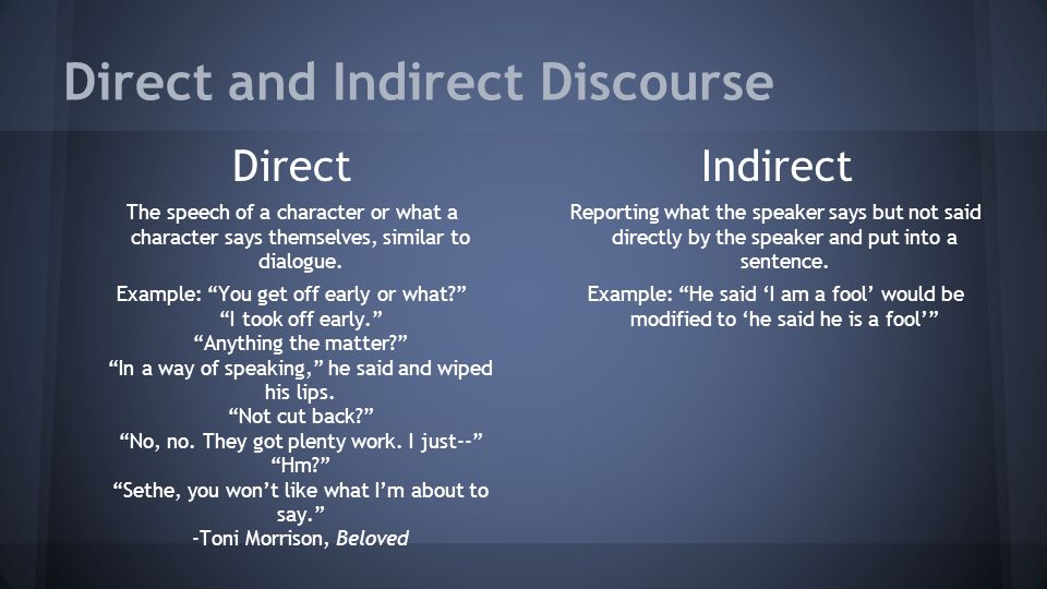 Direct and Indirect Discourse Direct The speech of a character or what a character says themselves, similar to dialogue.