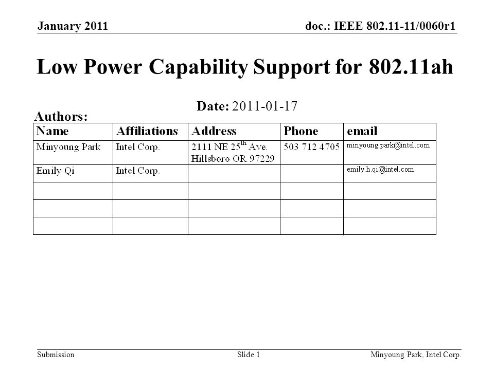 doc.: IEEE /0060r1 Submission January 2011 Minyoung Park, Intel Corp.Slide 1 Low Power Capability Support for ah Date: Authors: