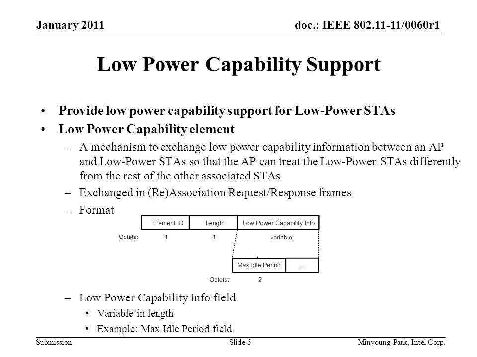doc.: IEEE /0060r1 Submission Low Power Capability Support Provide low power capability support for Low-Power STAs Low Power Capability element –A mechanism to exchange low power capability information between an AP and Low-Power STAs so that the AP can treat the Low-Power STAs differently from the rest of the other associated STAs –Exchanged in (Re)Association Request/Response frames –Format –Low Power Capability Info field Variable in length Example: Max Idle Period field January 2011 Minyoung Park, Intel Corp.Slide 5
