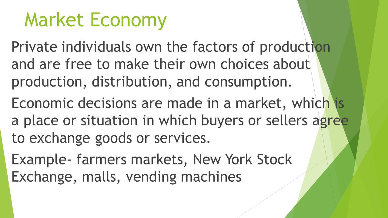 Market Economy Private individuals own the factors of production and are free to make their own choices about production, distribution, and consumption.