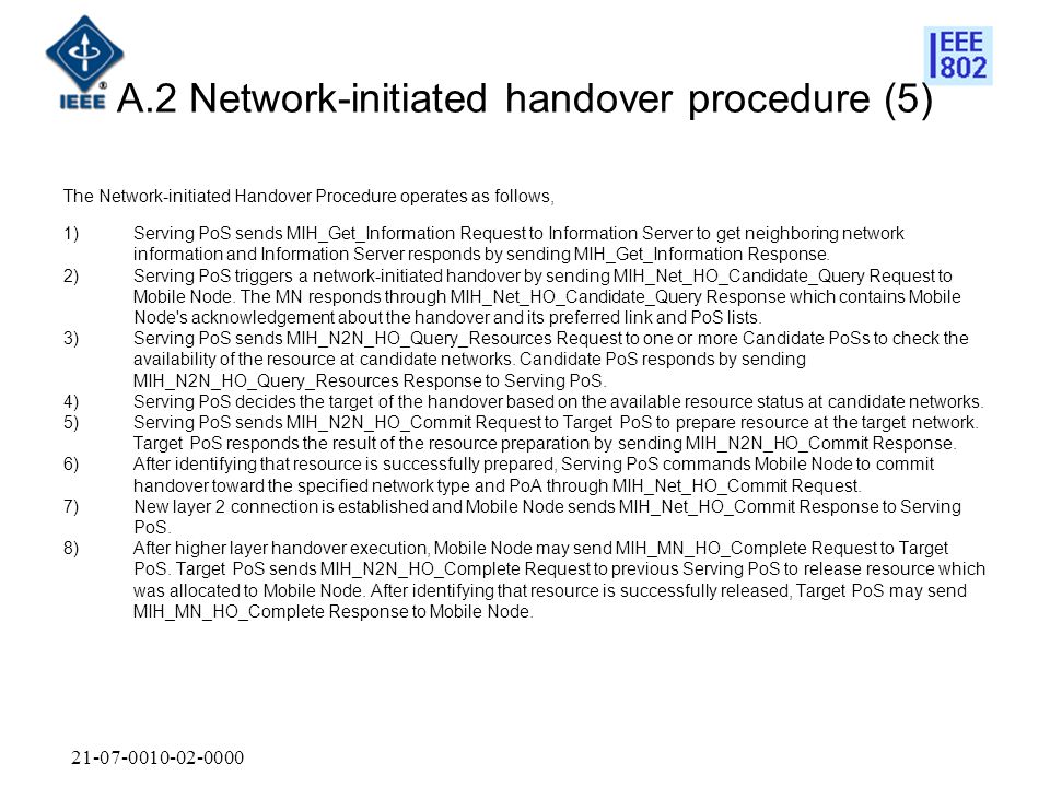 A.2 Network-initiated handover procedure (5) The Network-initiated Handover Procedure operates as follows, 1)Serving PoS sends MIH_Get_Information Request to Information Server to get neighboring network information and Information Server responds by sending MIH_Get_Information Response.