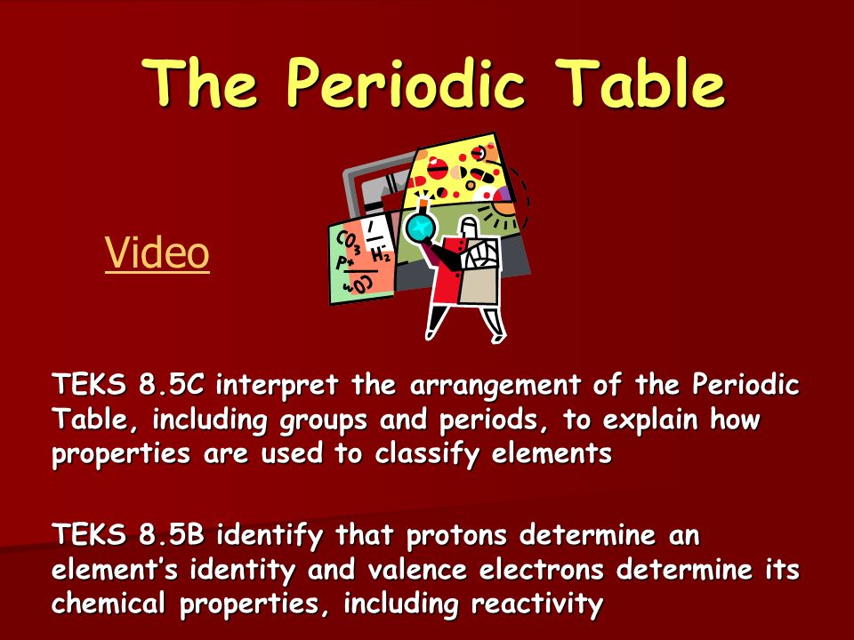 The Periodic Table TEKS 8.5C interpret the arrangement of the Periodic Table, including groups and periods, to explain how properties are used to classify elements TEKS 8.5B identify that protons determine an element’s identity and valence electrons determine its chemical properties, including reactivity Video