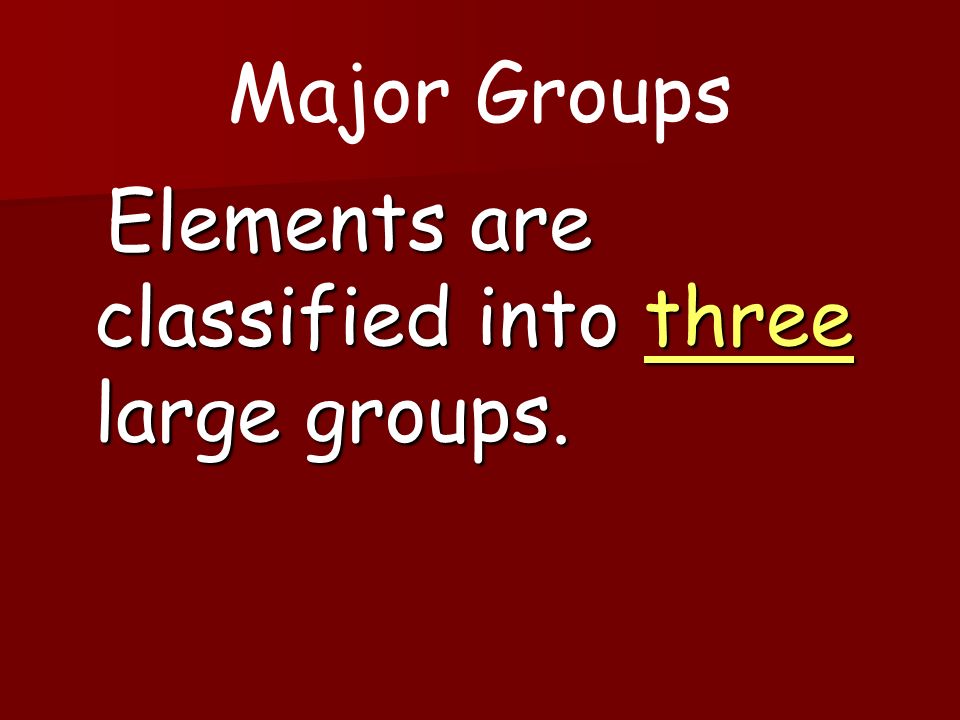 Elements are classified into three large groups. Elements are classified into three large groups.