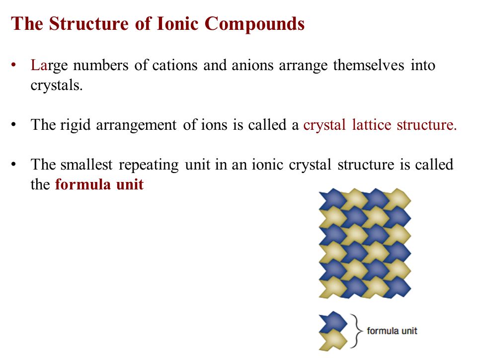 The Structure of Ionic Compounds Large numbers of cations and anions arrange themselves into crystals.