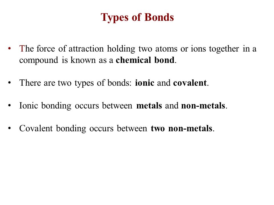Types of Bonds The force of attraction holding two atoms or ions together in a compound is known as a chemical bond.