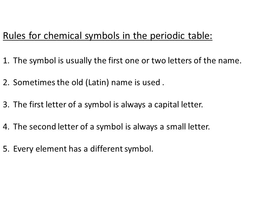Rules for chemical symbols in the periodic table: 1.The symbol is usually the first one or two letters of the name.