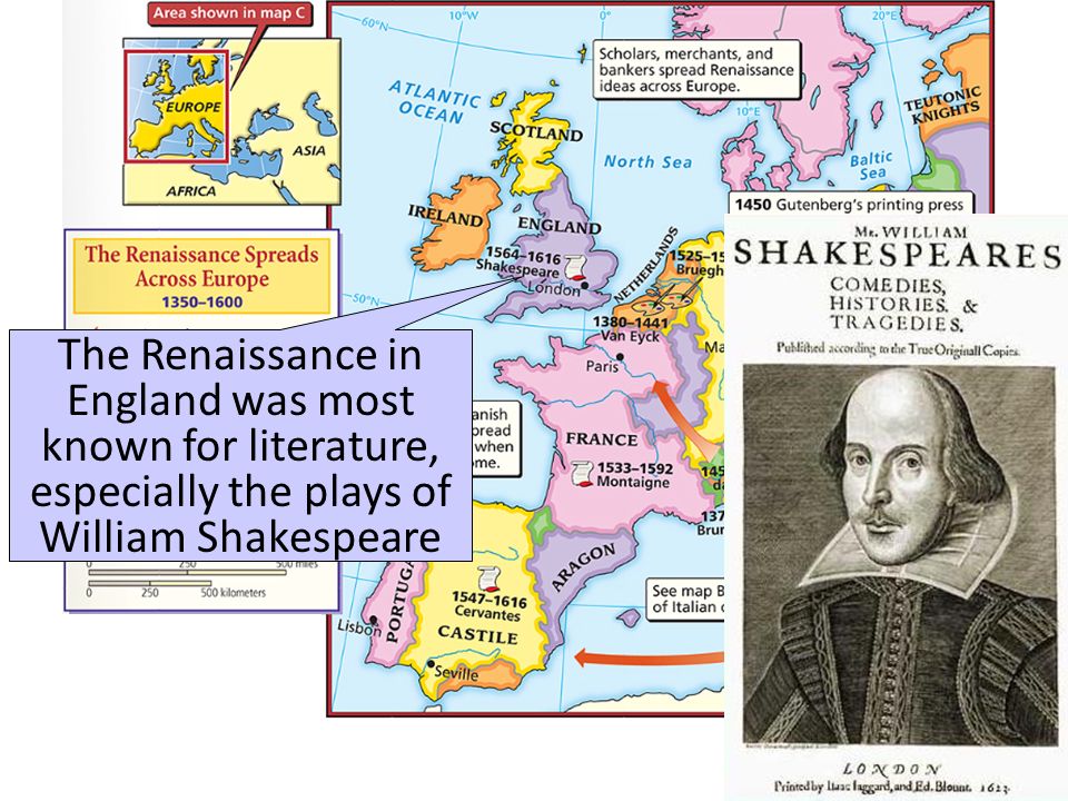 The Renaissance in England was most known for literature, especially the plays of William Shakespeare