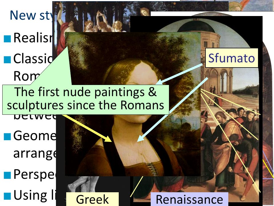 New styles & techniques of Renaissance art ■ Realism & emotion ■ Classicism: inspiration from Greece & Rome ■ Emphasis on individuals & interaction between people ■ Geometric arrangements ■ Perspective ■ Using light & shadows Chiaroscuro Sfumato The first nude paintings & sculptures since the Romans GreekRenaissance