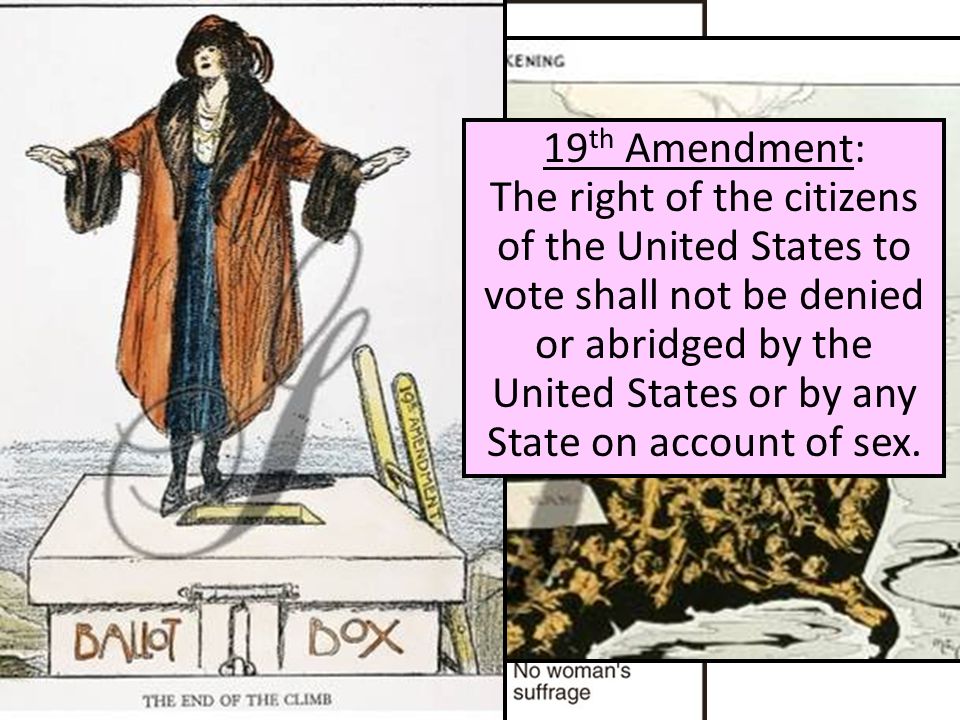 Women’s Suffrage Before th Amendment: The right of the citizens of the United States to vote shall not be denied or abridged by the United States or by any State on account of sex.