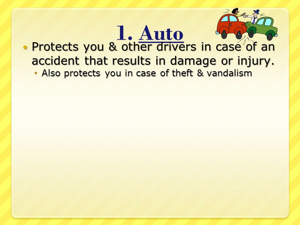 1. Auto Protects you & other drivers in case of an accident that results in damage or injury.