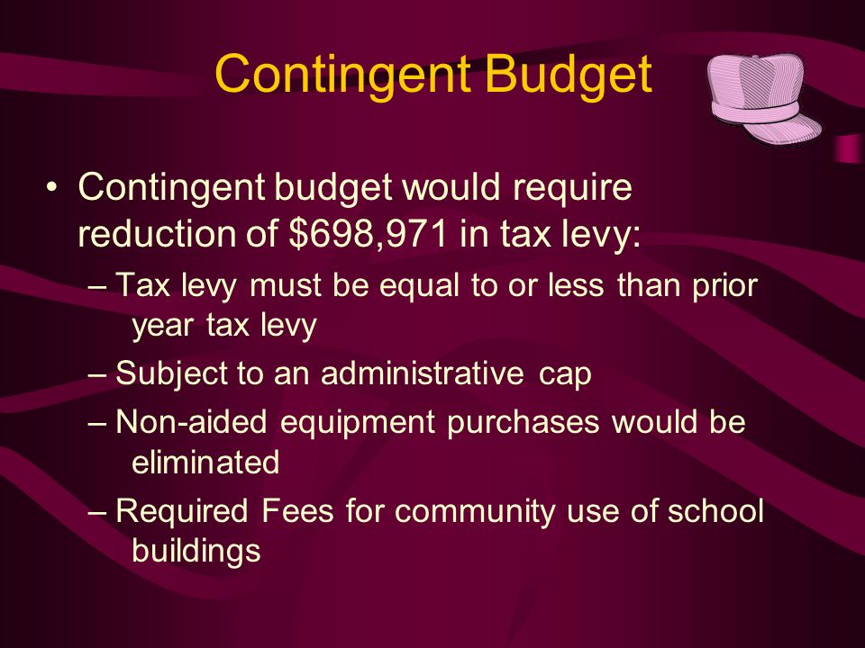Contingent Budget Contingent budget would require reduction of $698,971 in tax levy: –Tax levy must be equal to or less than prior year tax levy –Subject to an administrative cap –Non-aided equipment purchases would be eliminated –Required Fees for community use of school buildings