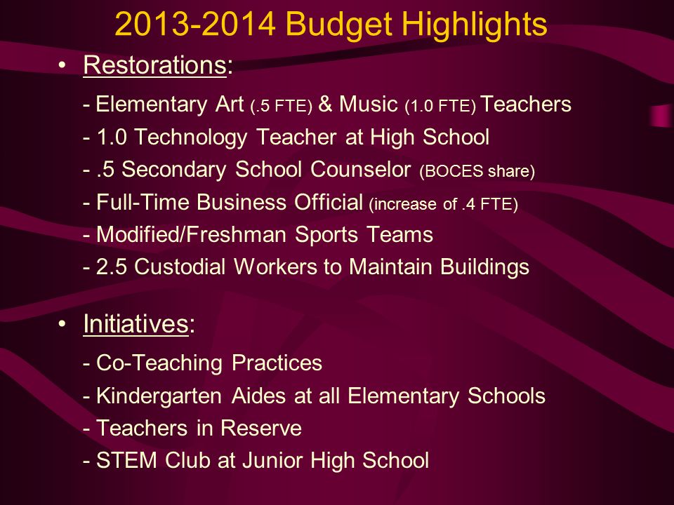 Budget Highlights Restorations: - Elementary Art (.5 FTE) & Music (1.0 FTE) Teachers Technology Teacher at High School -.5 Secondary School Counselor (BOCES share) - Full-Time Business Official (increase of.4 FTE) - Modified/Freshman Sports Teams Custodial Workers to Maintain Buildings Initiatives: - Co-Teaching Practices - Kindergarten Aides at all Elementary Schools - Teachers in Reserve - STEM Club at Junior High School