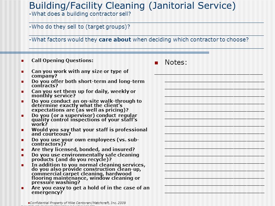 Building/Facility Cleaning (Janitorial Service) -What does a building contractor sell.