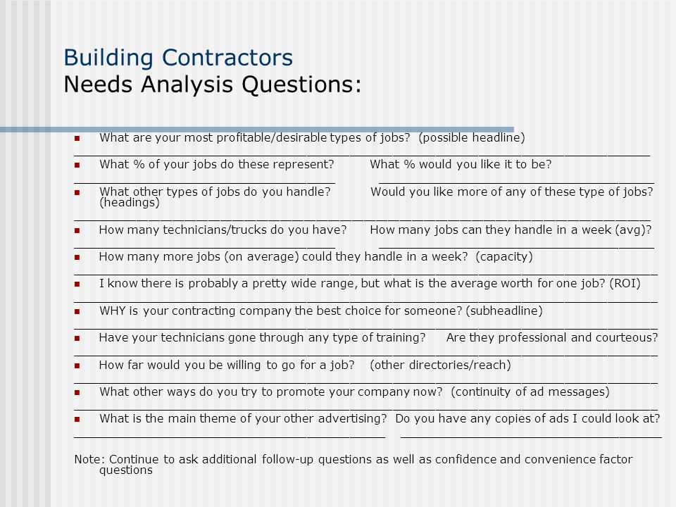 Building Contractors Needs Analysis Questions: What are your most profitable/desirable types of jobs.