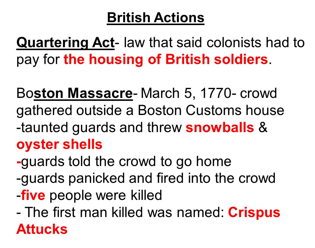 British Actions Quartering Act- law that said colonists had to pay for the housing of British soldiers.