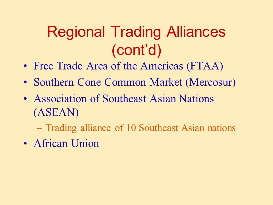 Regional Trading Alliances (cont’d) Free Trade Area of the Americas (FTAA) Southern Cone Common Market (Mercosur) Association of Southeast Asian Nations (ASEAN) –Trading alliance of 10 Southeast Asian nations African Union