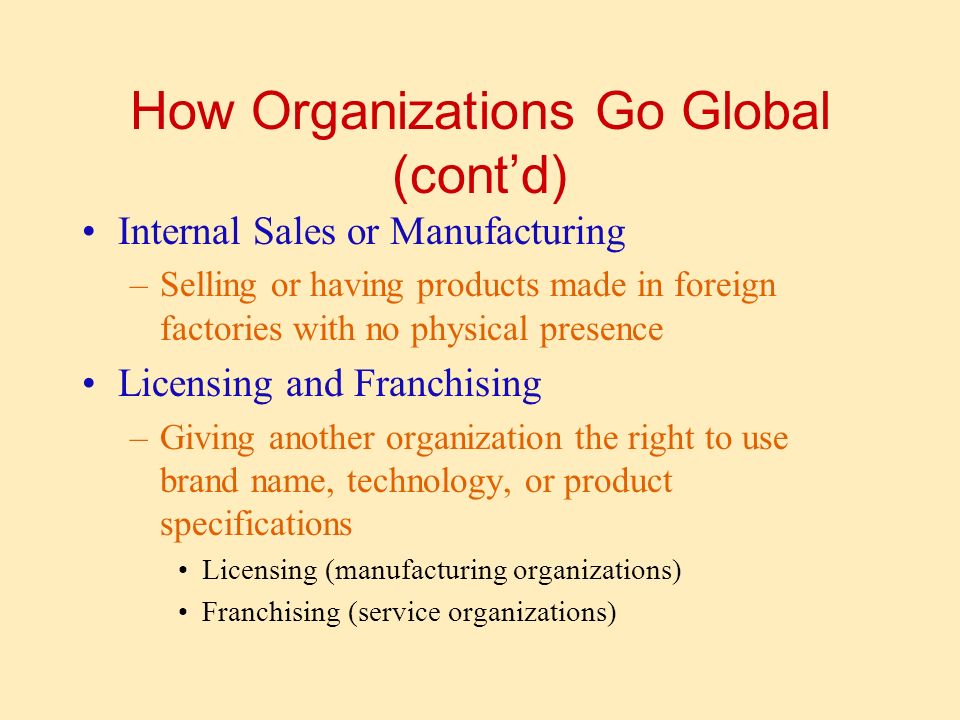 How Organizations Go Global (cont’d) Internal Sales or Manufacturing –Selling or having products made in foreign factories with no physical presence Licensing and Franchising –Giving another organization the right to use brand name, technology, or product specifications Licensing (manufacturing organizations) Franchising (service organizations)