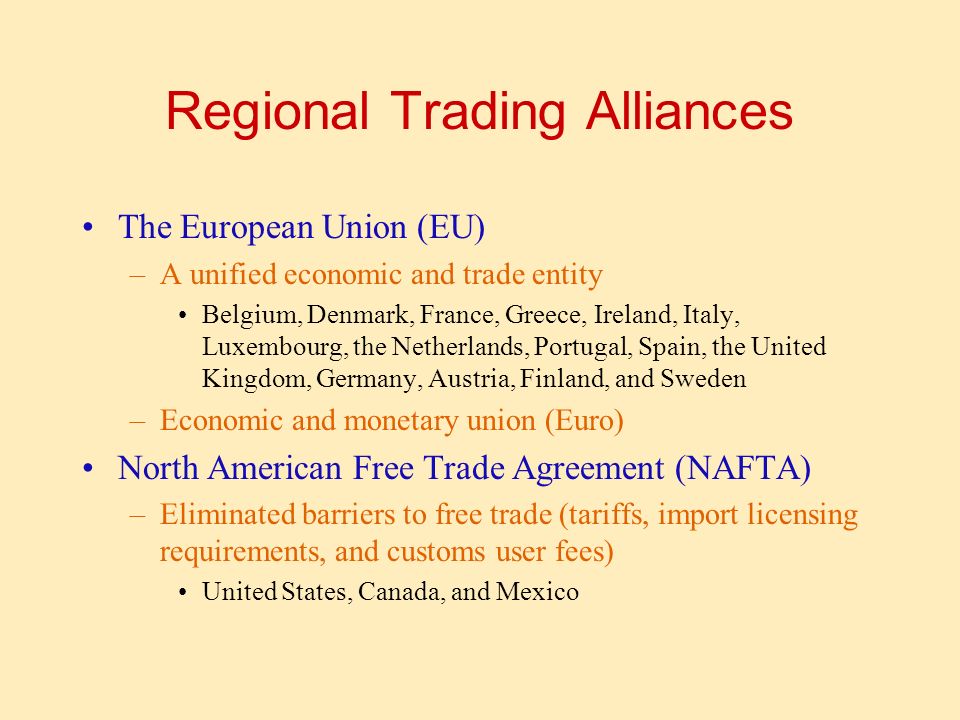 Regional Trading Alliances The European Union (EU) –A unified economic and trade entity Belgium, Denmark, France, Greece, Ireland, Italy, Luxembourg, the Netherlands, Portugal, Spain, the United Kingdom, Germany, Austria, Finland, and Sweden –Economic and monetary union (Euro) North American Free Trade Agreement (NAFTA) –Eliminated barriers to free trade (tariffs, import licensing requirements, and customs user fees) United States, Canada, and Mexico