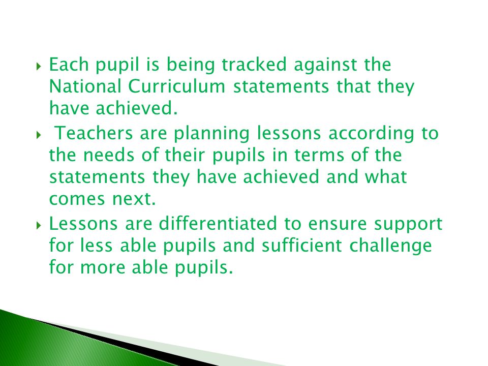  Each pupil is being tracked against the National Curriculum statements that they have achieved.