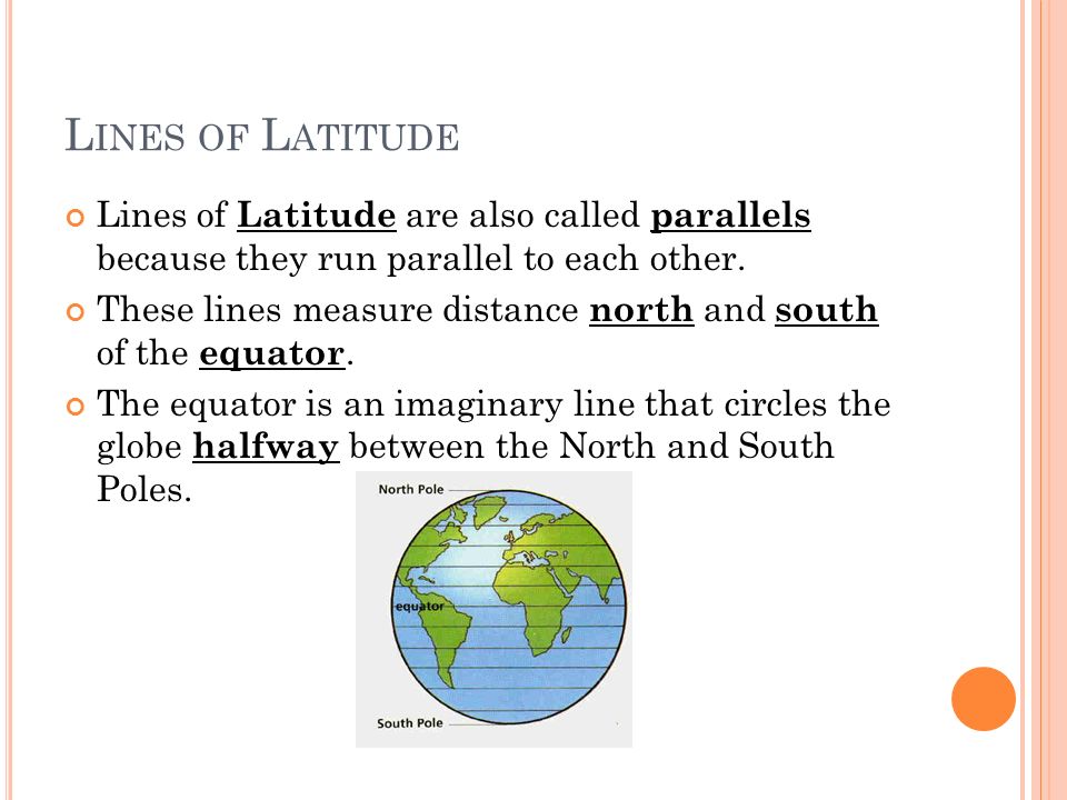 L INES OF L ATITUDE Lines of Latitude are also called parallels because they run parallel to each other.