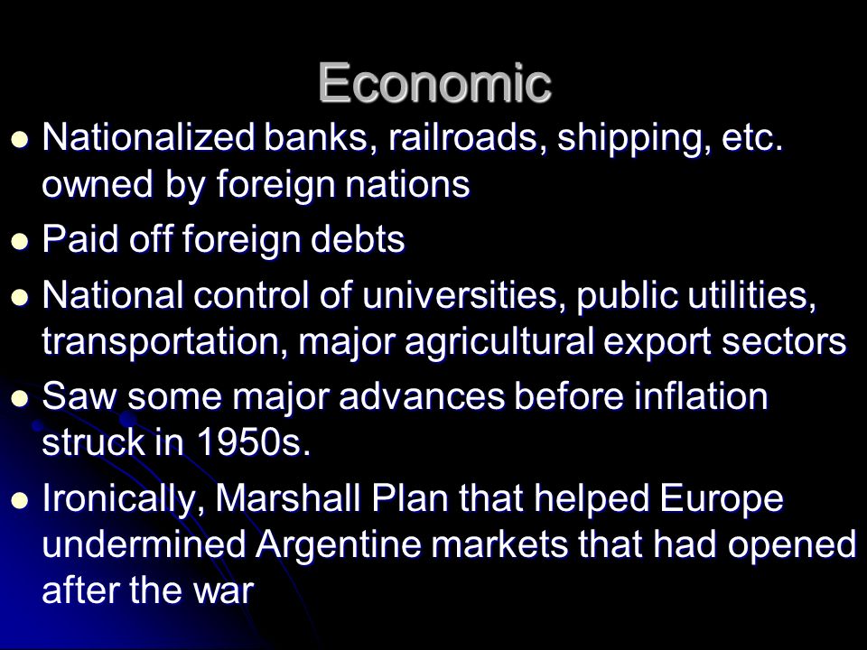 Economic Nationalized banks, railroads, shipping, etc.