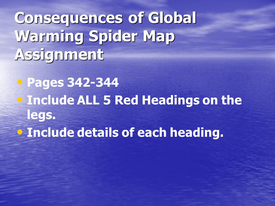 Consequences of Global Warming Spider Map Assignment Pages Include ALL 5 Red Headings on the legs.
