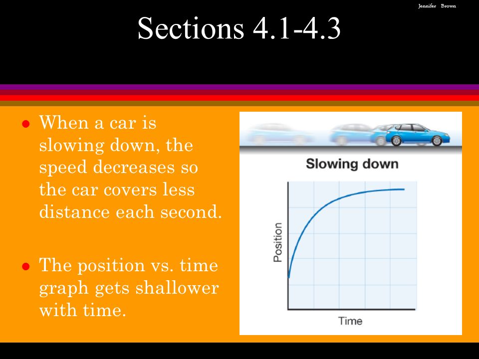 l When a car is slowing down, the speed decreases so the car covers less distance each second.