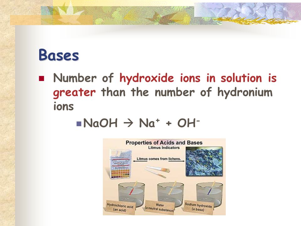 Bases Number of hydroxide ions in solution is greater than the number of hydronium ions NaOH  Na + + OH -
