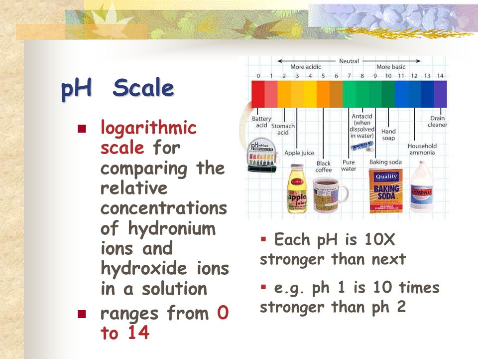 pH Scale logarithmic scale for comparing the relative concentrations of hydronium ions and hydroxide ions in a solution ranges from 0 to 14  Each pH is 10X stronger than next  e.g.