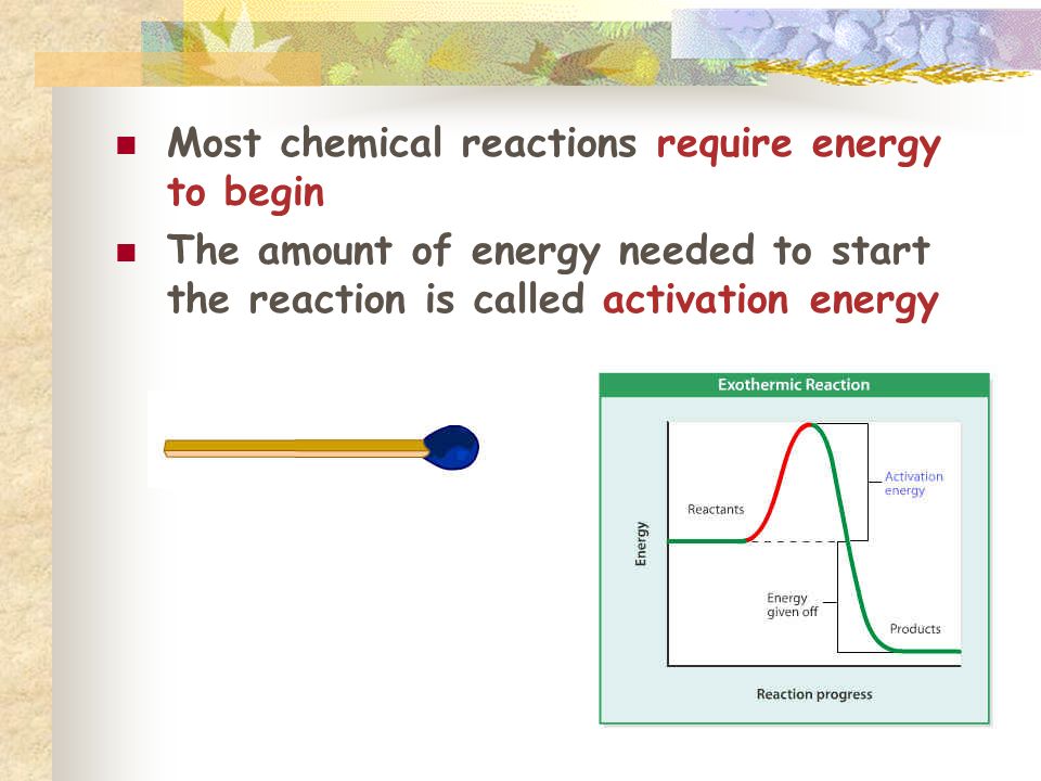 Most chemical reactions require energy to begin The amount of energy needed to start the reaction is called activation energy