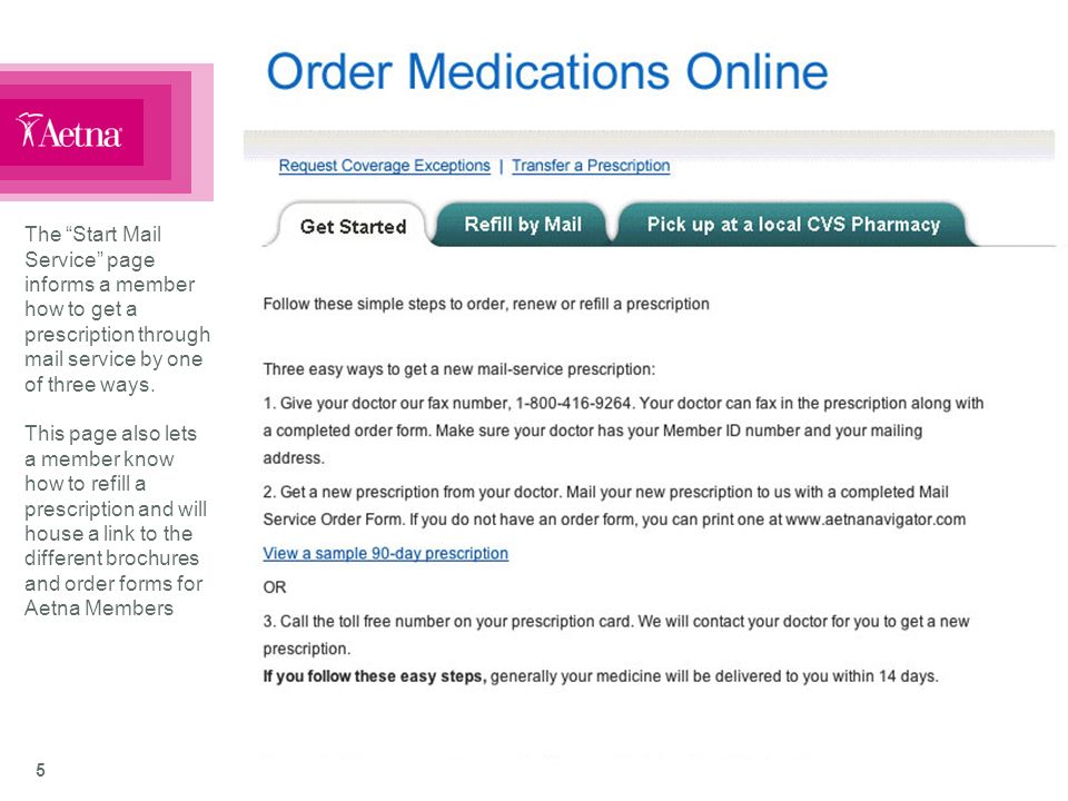 5 The Start Mail Service page informs a member how to get a prescription through mail service by one of three ways.