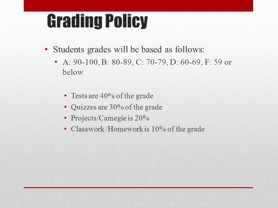 Grading Policy Students grades will be based as follows: A: , B: 80-89, C: 70-79, D: 60-69, F: 59 or below Tests are 40% of the grade Quizzes are 30% of the grade Projects/Carnegie is 20% Classwork /Homework is 10% of the grade