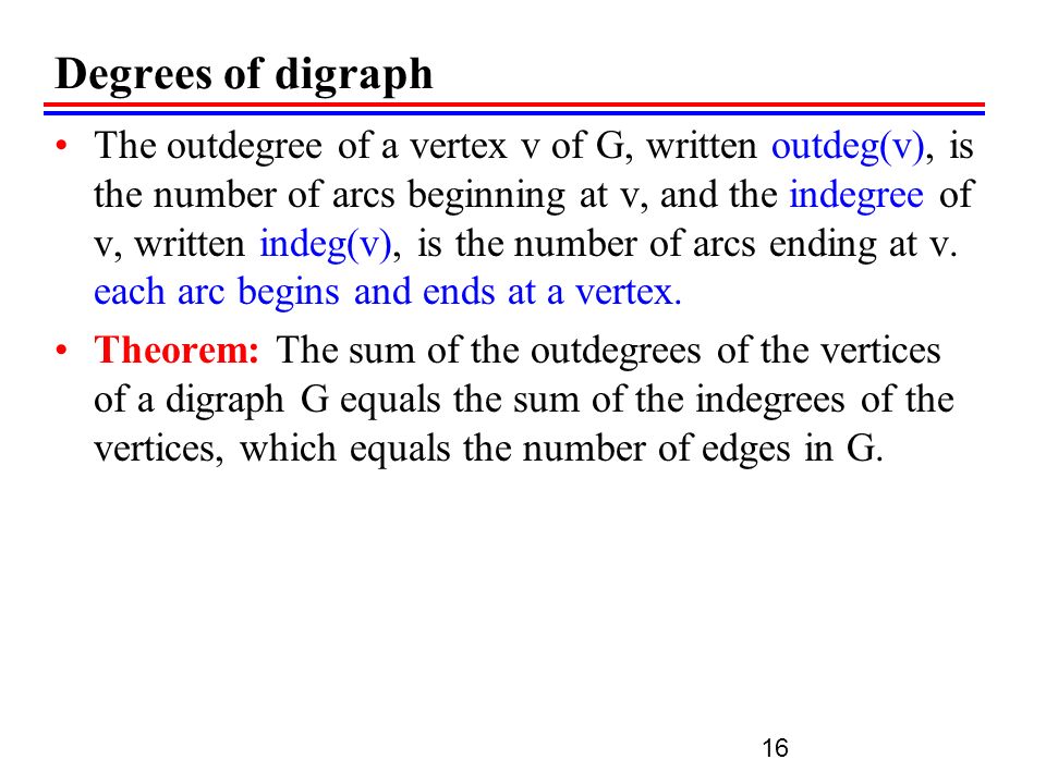 Degrees of digraph The outdegree of a vertex v of G, written outdeg(v), is the number of arcs beginning at v, and the indegree of v, written indeg(v), is the number of arcs ending at v.